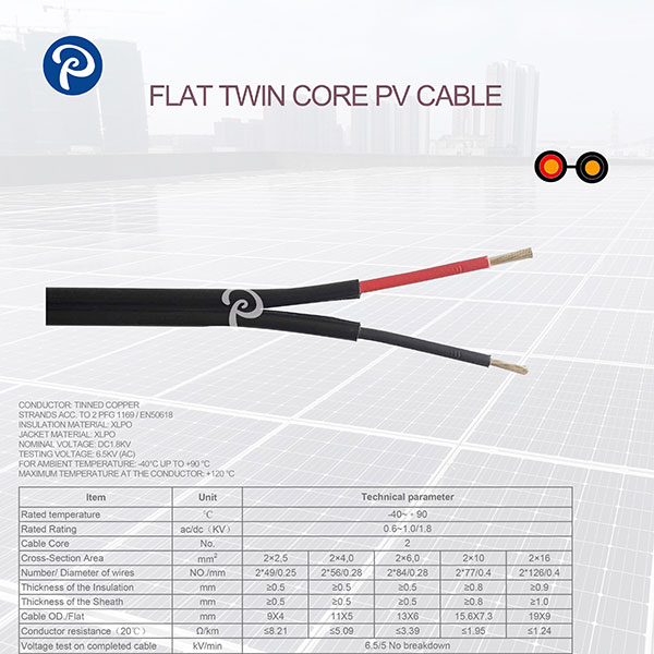Flat Twin Core 2X4mm2 Solar PV Cable